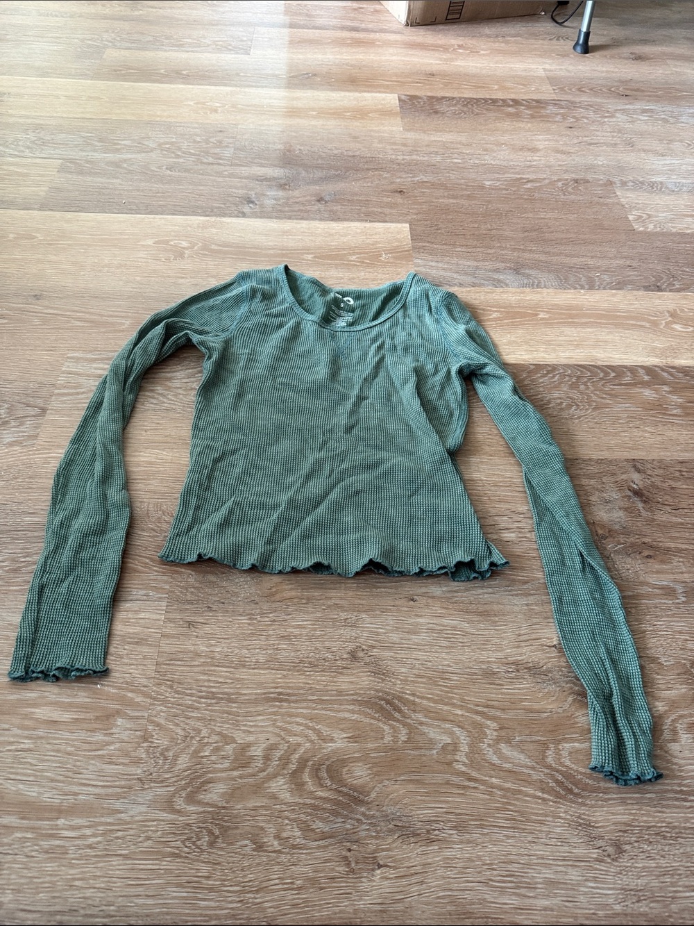 Waffle Knit Long Sleeve Top in Olive Green